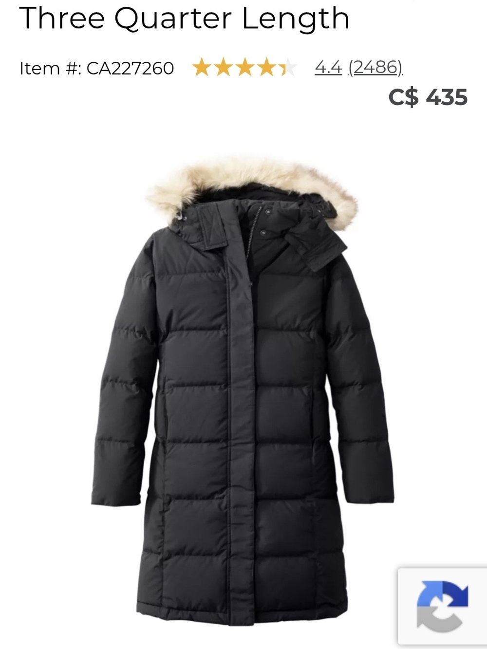 L.L. Bean Ultrawarm Down, Three Quarter Length Coat 227260 NWOT